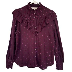 LOFT Purple Ruffle Blouse SM Button Down Embroidered Coquette Victorian Western